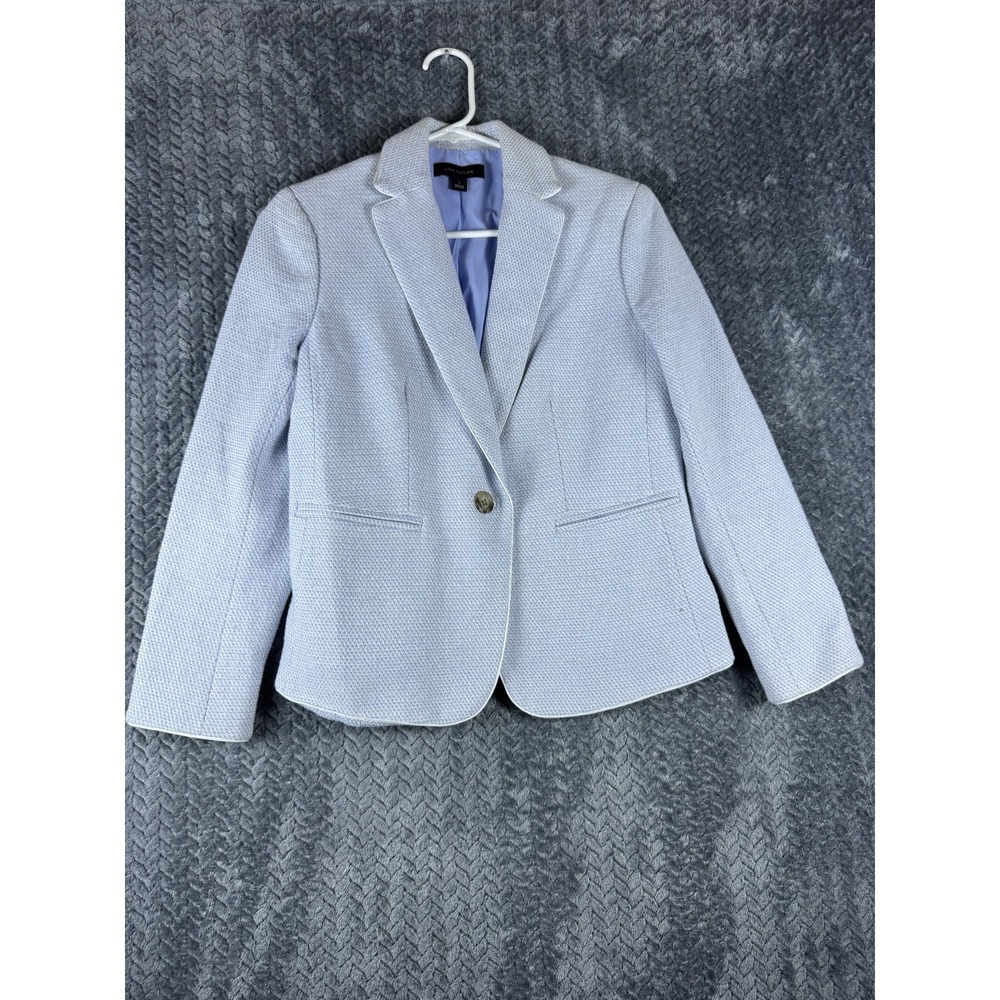 Ann Taylor Blazer Jacket Women 4 Light Blue Textured Tweed Cotton Stretch Piping